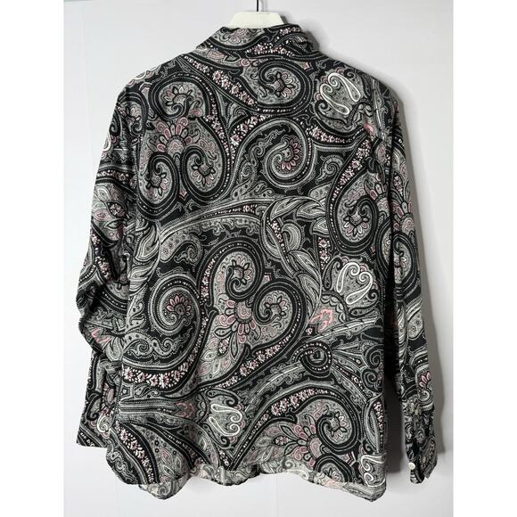 CHAPS No Iron Women's 2X Button Up Top Black Pink Paisley Long Sleeve Cotton - Picture 5 of 10